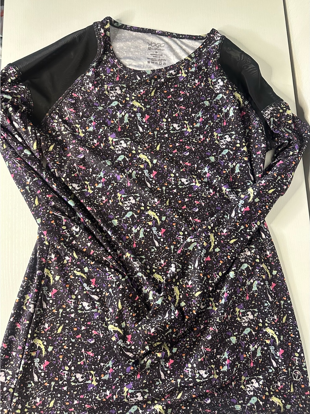 VOGO Athletica Black Crewneck Sweater with Multicolor Splatter